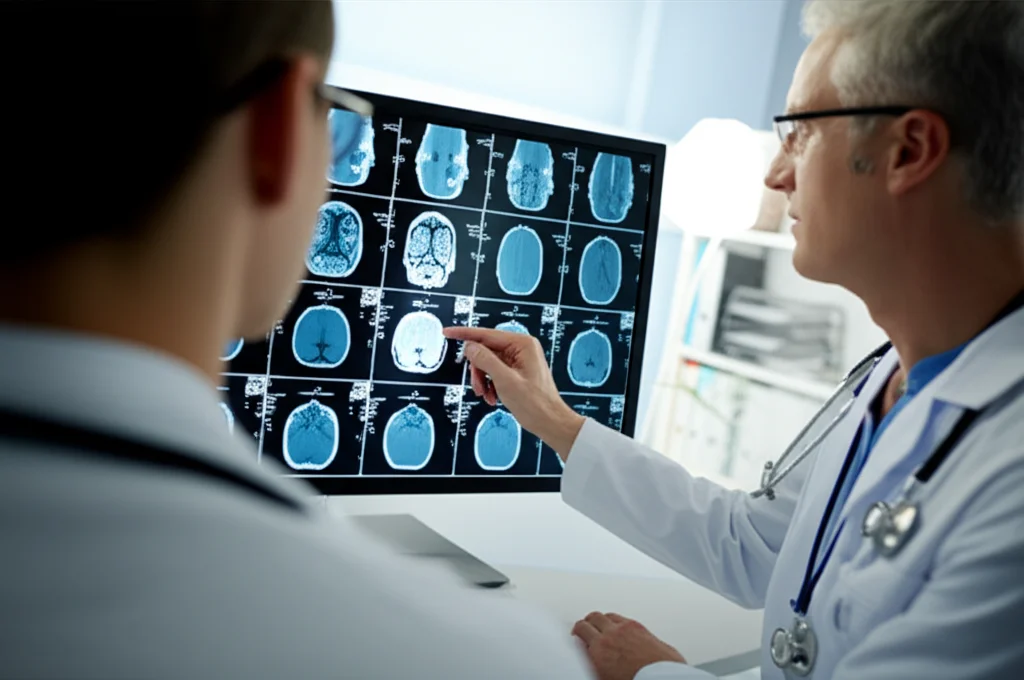 Un medico specialista in oncologia esamina attentamente una risonanza magnetica della regione nasofaringea su un monitor ad alta definizione, in un ambiente clinico moderno e ben illuminato. Obiettivo prime, 50mm, profondità di campo, luce soffusa che evidenzia la concentrazione del medico.