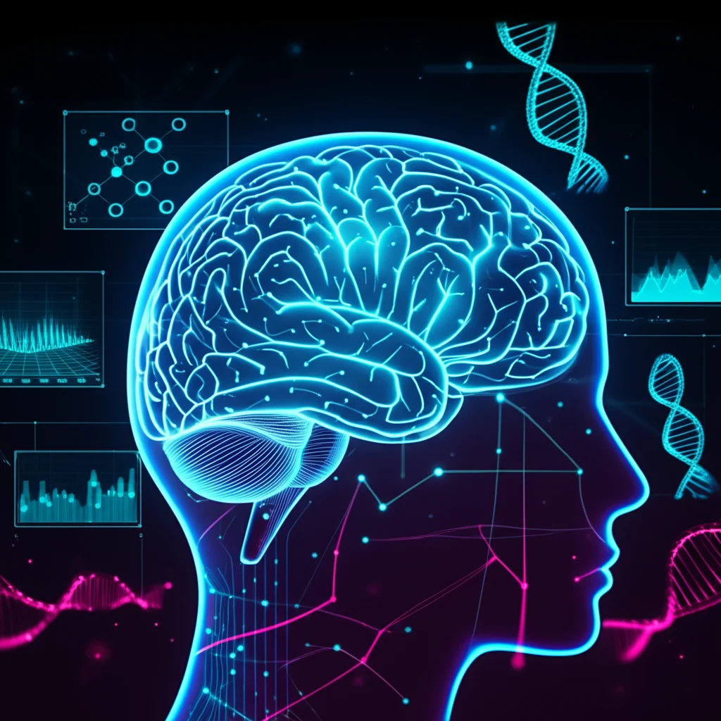 Un'immagine concettuale che mostra un cervello digitale stilizzato con percorsi luminosi che si collegano a molecole di DNA e a grafici di dati di trial clinici, simboleggiando l'intelligenza artificiale che analizza informazioni biomediche. Prime lens, 35mm, depth of field, duotone ciano e magenta.