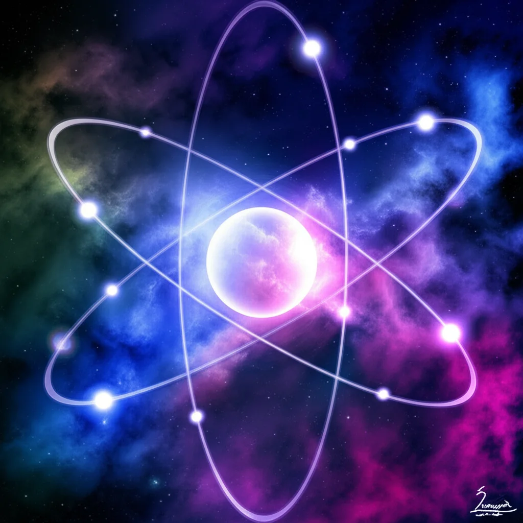 Visualizzazione artistica di un atomo di idrogeno con orbite elettroniche stilizzate che si trasformano in curve matematiche complesse rappresentanti i polinomi di Laguerre e le soluzioni dell'equazione di Dirac. Sfondo cosmico scuro con nebulose colorate. Lente prime 50mm, bokeh artistico, illuminazione drammatica con riflessi sulle curve, duotone blu e magenta.