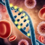 Visualizzazione artistica e scientifica del concetto di metilazione del DNA nella mielofibrosi primaria. Al centro, una doppia elica di DNA stilizzata ma dettagliata, con alcuni siti CpG evidenziati da sfere luminose (gruppi metilici). Intorno, fluttuano diverse cellule del sangue (globuli rossi, piastrine, granulociti, linfociti) con texture realistiche ma leggermente trasparenti. Lo sfondo è un ambiente astratto che ricorda l'interno del midollo osseo, con toni caldi e scuri. Macro lens, 100mm, high detail, precise focusing, controlled lighting, profondità di campo ridotta per mettere a fuoco il DNA.
