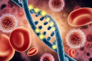 Visualizzazione artistica e scientifica del concetto di metilazione del DNA nella mielofibrosi primaria. Al centro, una doppia elica di DNA stilizzata ma dettagliata, con alcuni siti CpG evidenziati da sfere luminose (gruppi metilici). Intorno, fluttuano diverse cellule del sangue (globuli rossi, piastrine, granulociti, linfociti) con texture realistiche ma leggermente trasparenti. Lo sfondo è un ambiente astratto che ricorda l'interno del midollo osseo, con toni caldi e scuri. Macro lens, 100mm, high detail, precise focusing, controlled lighting, profondità di campo ridotta per mettere a fuoco il DNA.