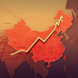 Visualizzazione concettuale del legame tra frequenza della temperatura (onde sinusoidali di diversa frequenza che colpiscono una silhouette umana stilizzata) e rischio per la salute (una linea di grafico che sale sullo sfondo), su una mappa sfocata della Cina, obiettivo prime 35mm, profondità di campo, toni caldi arancio e rosso.