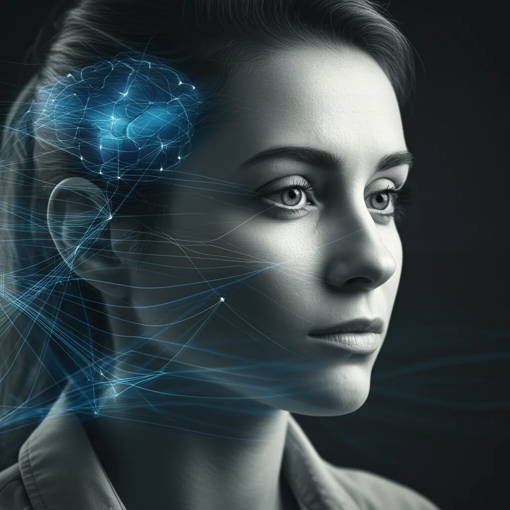 A thoughtful person, 35mm portrait, subtle abstract lines representing brain activity overlaid, depth of field, blue and grey duotones