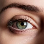 Close-up di un occhio con ptosi prima di un intervento chirurgico, con focus sulla palpebra cadente. Fotografia ritratto, lente da 35mm, profondità di campo per enfatizzare l'occhio, illuminazione da studio per dettagli nitidi.