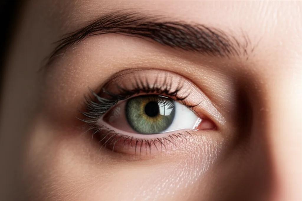 Close-up di un occhio con ptosi prima di un intervento chirurgico, con focus sulla palpebra cadente. Fotografia ritratto, lente da 35mm, profondità di campo per enfatizzare l'occhio, illuminazione da studio per dettagli nitidi.