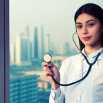 Fotografia ritratto di una giovane studentessa di medicina (etnia mediorientale), in camice bianco, che tiene in mano uno stetoscopio e guarda con fiducia verso l'orizzonte fuori da una finestra di ospedale a Dubai (skyline sfocato riconoscibile sullo sfondo). Obiettivo 35mm, luce calda del tardo pomeriggio, profondità di campo media, duotono blu e oro.