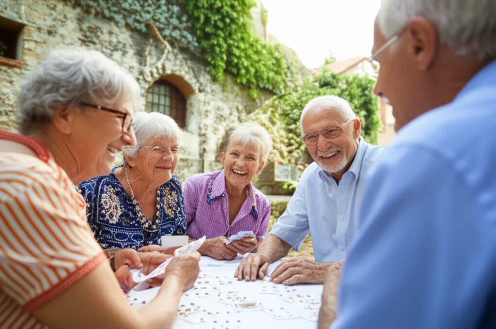 Gruppo di anziani allegri che socializzano all'aperto in una località turistica soleggiata, alcuni giocano a carte su un tavolo, altri chiacchierano amabilmente in piedi, stile fotografia di reportage, obiettivo 35mm, luce naturale del tardo pomeriggio, colori vivaci e caldi, profondità di campo che sfoca leggermente lo sfondo per enfatizzare il gruppo.