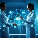 Immagine concettuale di una rete di grafi luminosi che si sovrappone a un ambiente ospedaliero high-tech, simboleggiando l'intersezione tra coordinamento delle cure, sicurezza del paziente e intelligenza artificiale. Illuminazione drammatica, alta definizione, obiettivo macro 100mm per dettaglio sui nodi del grafo, con medici che interagiscono con schermi olografici sullo sfondo.