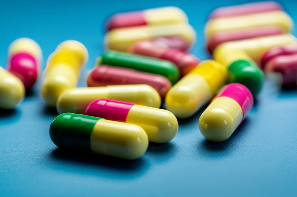 Immagine concettuale fotorealistica: capsule di probiotici colorate (simbolo di aiuto) accanto a simboli stilizzati di allergeni alimentari comuni (arachidi, latte, uova) protetti da uno scudo trasparente (simbolo di immunoterapia e sicurezza). Focus nitido sulle capsule, sfondo medico leggermente sfocato, illuminazione da studio, 35mm prime lens.