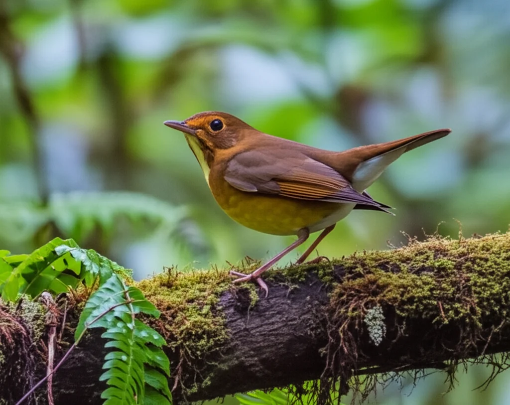 Immagine fotorealistica di un uccello canoro (come un tordo eremita, Catharus guttatus) posato su un ramo nella foresta pluviale temperata dell'Isola Principe di Galles, Alaska. Teleobiettivo 150mm, messa a fuoco sull'uccello con dettagli del piumaggio visibili, sfondo leggermente sfocato che mostra alberi coperti di muschio e felci. La luce è soffusa, tipica di una giornata nuvolosa in Alaska, evocando l'ambiente dello studio sulla biodiversità dei parassiti.