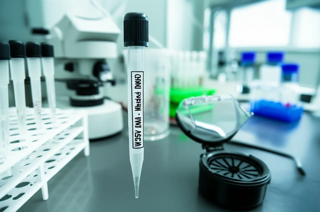 Immagine fotorealistica, wide-angle 24mm, sharp focus, che ritrae un moderno laboratorio di ricerca in acquacoltura. Sullo sfondo, leggermente sfocati (depth of field), si intravedono vasche con gamberetti. In primo piano, un focus su attrezzature per l'estrazione del DNA: pipette, provette, una microcentrifuga. Una provetta in particolare è etichettata 'WSSV DNA - Metodo DMSO', simboleggiando il cuore della ricerca.