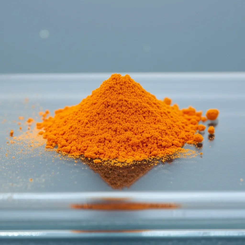 Immagine macro ad alta definizione di nanoparticelle naturali di propoli e curcumina, con texture visibile e dettagli nitidi, affiancate a una piccola quantità di polvere di MTA, il tutto su un vetrino da laboratorio. Illuminazione da studio controllata per evidenziare le differenze materiche, obiettivo macro 100mm, focus preciso sull'interfaccia tra i materiali.