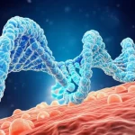 Macro lens, 100mm, high detail, controlled lighting, un primo piano di un intricato filamento di DNA luminoso che si trasforma sottilmente in una rappresentazione stilizzata di un recettore dell'insulina su una membrana cellulare, simboleggiando la base genetica della sensibilità insulinica.