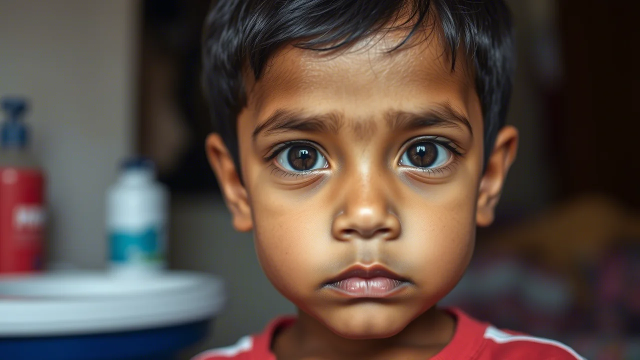 Ritratto fotografico di un bambino indiano di 3 anni con lievi tratti dismorfici caratteristici della Sindrome di DeSanto-Shinawi, come fronte prominente e ponte nasale piatto. L'immagine è scattata con un obiettivo prime da 35mm, utilizzando una profondità di campo ridotta per mettere a fuoco il volto del bambino, con uno sfondo leggermente sfocato che suggerisce un ambiente clinico o domestico. Illuminazione naturale e morbida, stile fotogiornalistico, per trasmettere empatia e realismo.