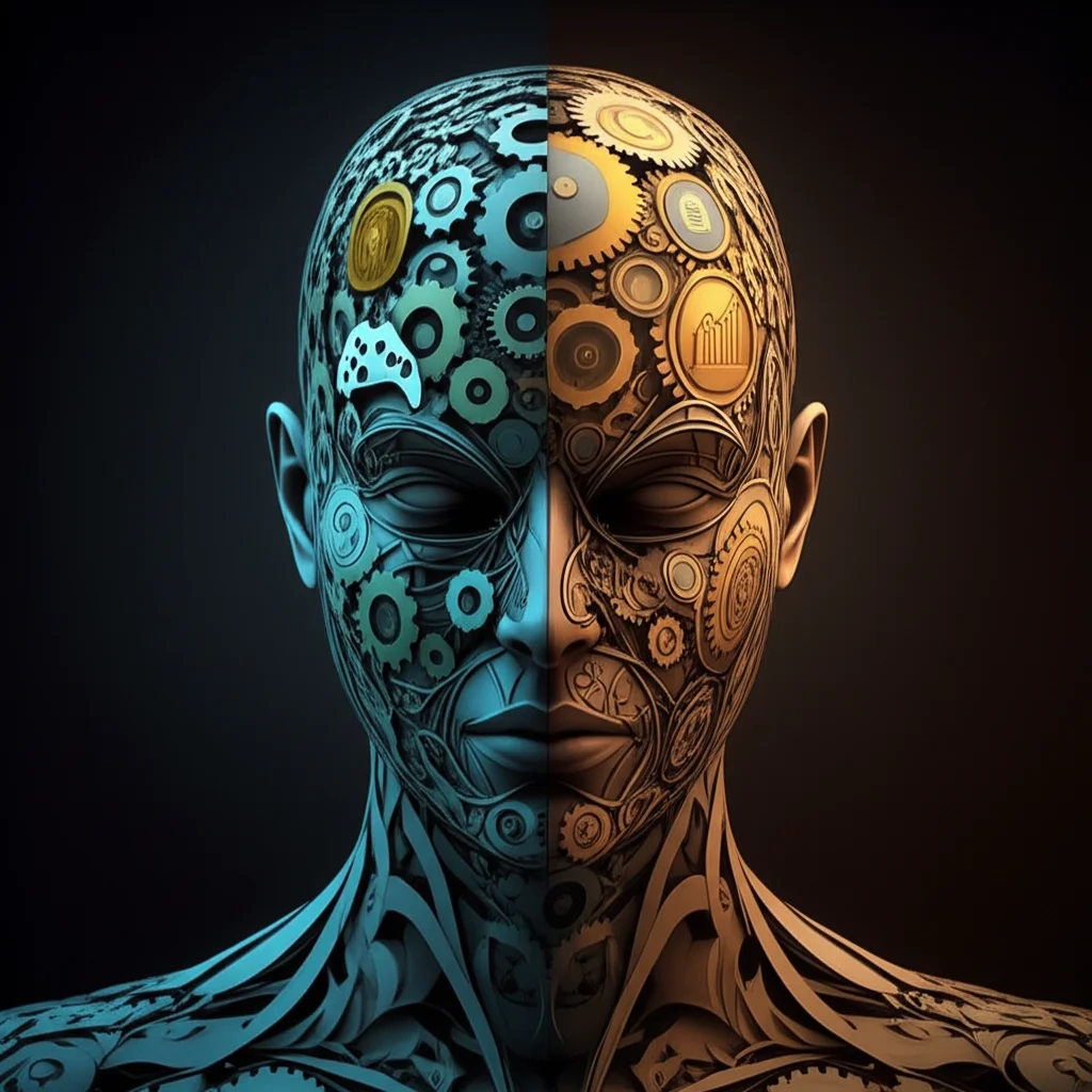 Un'immagine concettuale che mostra una testa umana stilizzata. Da un lato, ingranaggi scuri e aggrovigliati che rappresentano lo stress debilitante e il disimpegno, che portano a un'icona di un controller di gioco incatenato. Dall'altro lato, ingranaggi luminosi e fluidi che rappresentano una mentalità potenziante, che portano a icone di crescita personale e benessere. Obiettivo macro, 60mm, illuminazione drammatica per evidenziare il contrasto, alto dettaglio.