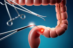 Un'immagine concettuale che rappresenta la complessità della chirurgia intestinale e il rischio di infezioni. Potrebbe essere una visualizzazione stilizzata di un intestino con aree evidenziate che indicano potenziale infezione, con strumenti chirurgici sfocati sullo sfondo. Illuminazione drammatica, obiettivo macro 100mm per dettagli precisi sulle aree 'infette' simulate.