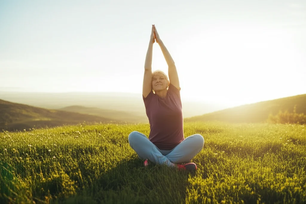 Un'immagine simbolica e potente che rappresenta i "Life's Crucial 9": una persona anziana serena e in forma che medita o fa stretching leggero all'alba su una collina con vista su un paesaggio naturale vasto e luminoso, a simboleggiare la vitalità e la connessione tra salute fisica e mentale. Obiettivo grandangolare 10-24mm per catturare l'ampiezza del paesaggio, lunga esposizione per cieli e nuvole soffici, messa a fuoco nitida sulla persona.
