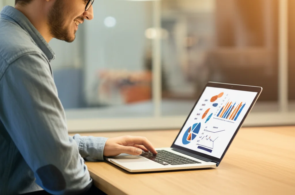 Uno studente universitario sorridente seduto a una scrivania con un laptop, sullo schermo grafici stilizzati che rappresentano dati di apprendimento e interazione in una flipped classroom. Obiettivo prime da 50mm, profondità di campo, illuminazione calda e accogliente, sfondo leggermente sfocato con simboli educativi.