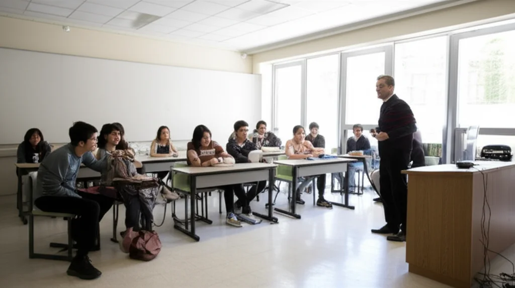 Visione grandangolare di un'aula scolastica del futuro, luminosa e aperta, con studenti diversi che collaborano in piccoli gruppi utilizzando sia strumenti digitali che materiali fisici, guidati da un insegnante facilitatore. Obiettivo grandangolare 15mm, luce naturale diffusa, focus nitido sull'interazione.