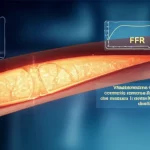 Visualizzazione 3D fotorealistica di un'arteria coronaria umana con una stenosi evidente, accanto alla quale fluttuano grafici digitali che mostrano i valori comparativi di FFR, target-μFR e vessel-μFR, obiettivo macro 85mm, alta definizione, illuminazione drammatica controllata che evidenzia la struttura vascolare e i dati digitali, sfondo tecnologico astratto.