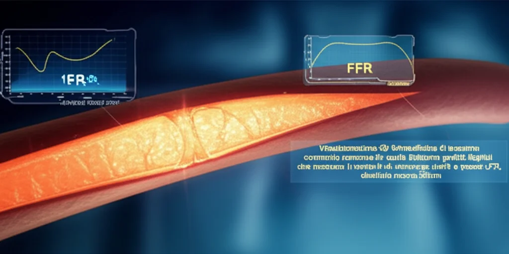 Visualizzazione 3D fotorealistica di un'arteria coronaria umana con una stenosi evidente, accanto alla quale fluttuano grafici digitali che mostrano i valori comparativi di FFR, target-μFR e vessel-μFR, obiettivo macro 85mm, alta definizione, illuminazione drammatica controllata che evidenzia la struttura vascolare e i dati digitali, sfondo tecnologico astratto.