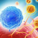 Visualizzazione concettuale del microambiente tumorale del melanoma con cellule immunitarie (linfociti T CD8+ in evidenza) che interagiscono con cellule tumorali e molecole di segnalazione, prime lens 50mm, depth of field, stile fotorealistico con colori caldi (tumore) e freddi (immunità) per contrasto.