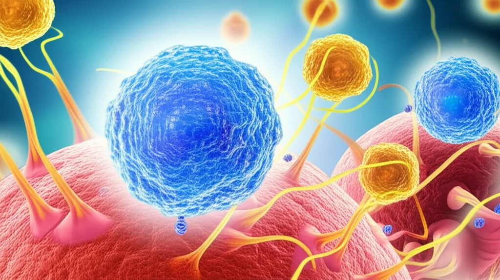 Visualizzazione concettuale del microambiente tumorale del melanoma con cellule immunitarie (linfociti T CD8+ in evidenza) che interagiscono con cellule tumorali e molecole di segnalazione, prime lens 50mm, depth of field, stile fotorealistico con colori caldi (tumore) e freddi (immunità) per contrasto.