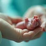 A close-up, artistic shot of a doctor's hand gently holding a premature baby's tiny hand in a neonatal incubator. Soft, diffused lighting, shallow depth of field, 50mm prime lens. The image should evoke care, hope, and the fragility of premature life. Duotone, soft teal and warm beige.
