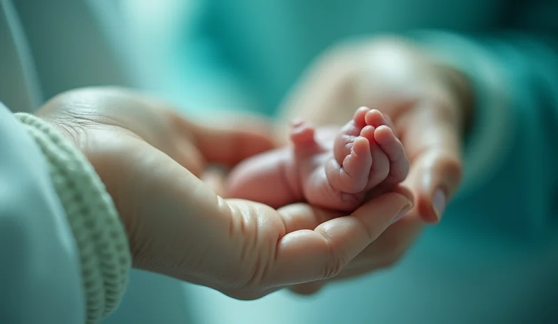 A close-up, artistic shot of a doctor's hand gently holding a premature baby's tiny hand in a neonatal incubator. Soft, diffused lighting, shallow depth of field, 50mm prime lens. The image should evoke care, hope, and the fragility of premature life. Duotone, soft teal and warm beige.