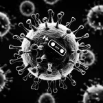 Artistic rendering of an HTLV-1 virion with a visible 'switch' on its surface, set to 'off', against a backdrop of T-cells. Prime lens, 35mm, film noir style with high contrast and deep shadows, emphasizing the clandestine nature of viral latency.