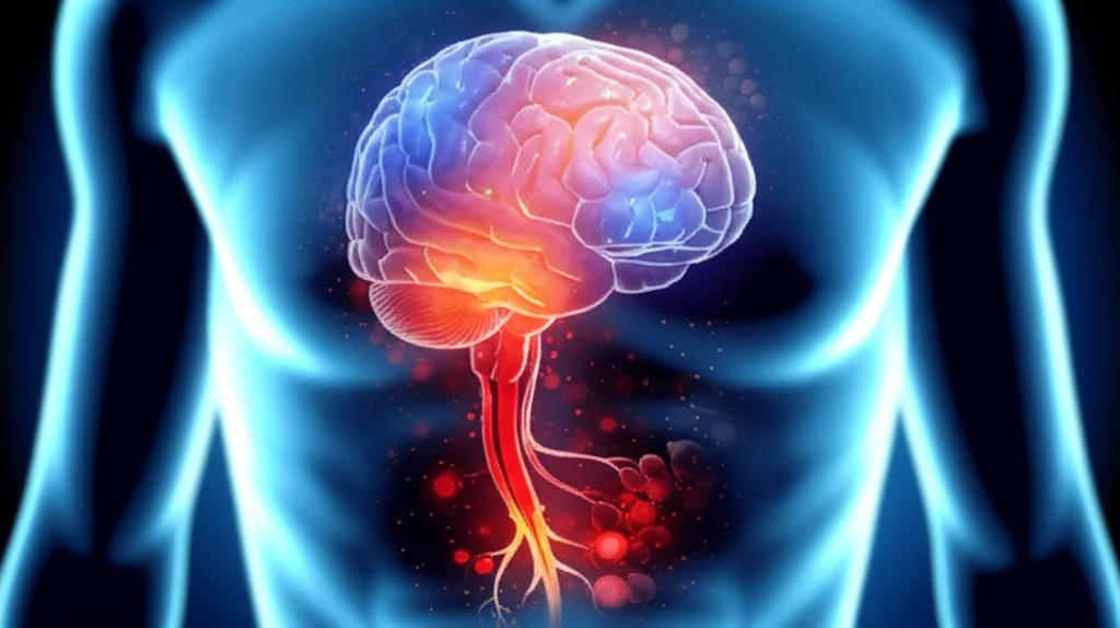 Conceptual image showing a brain connected to a stylized gut, with stress signals affecting intestinal cells, wide-angle lens, sharp focus.