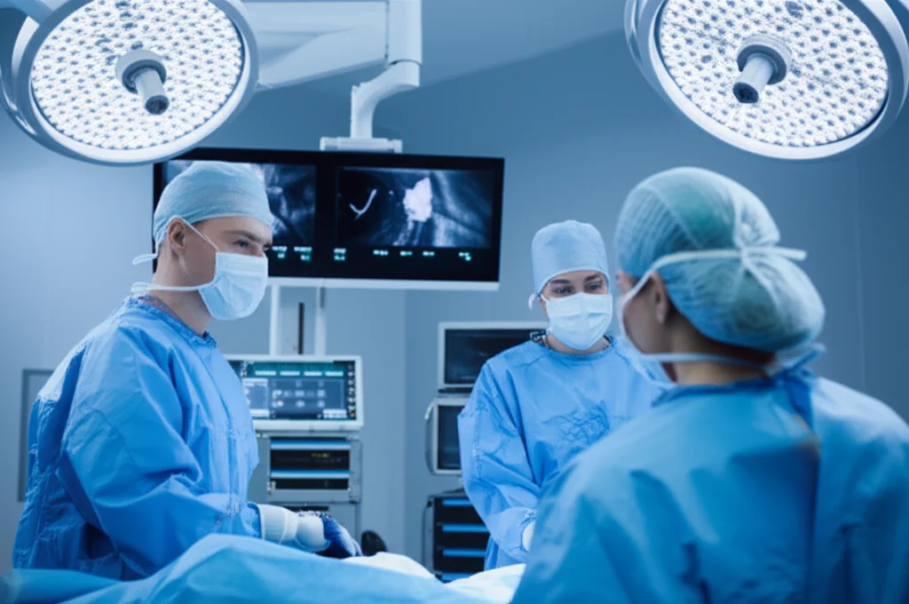 Fotografia di un team chirurgico in una sala operatoria high-tech, concentrato su un intervento di dissezione linfonodale laterale mininvasiva per cancro rettale. Un monitor mostra immagini laparoscopiche dettagliate. Luci chirurgiche intense, atmosfera di precisione. Obiettivo prime 35mm, stile film noir con duotono blu e grigio per enfatizzare la serietà e la tecnologia.