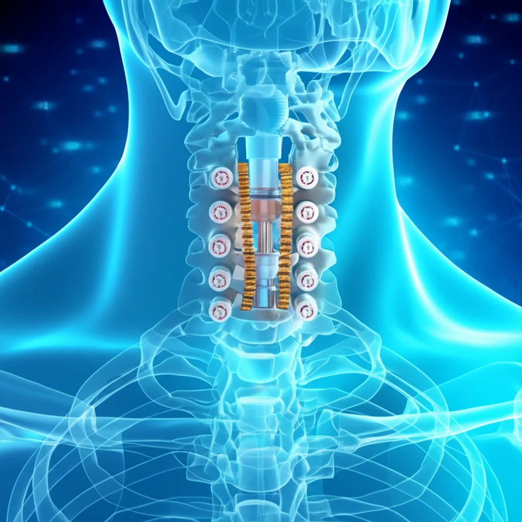 Immagine concettuale di una colonna vertebrale cervicale stilizzata con ingranaggi che simboleggiano il processo degenerativo e la riparazione chirurgica, su sfondo blu tecnologico. Obiettivo macro 100mm, alta definizione, illuminazione da studio per evidenziare i dettagli.
