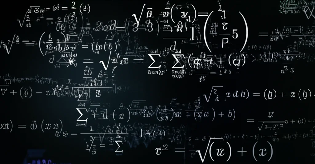 Immagine fotorealistica raffigurante formule matematiche complesse e intrecciate che brillano debolmente in un vasto e oscuro spazio di Banach, simboleggiando la ricerca di soluzioni, obiettivo grandangolare 10mm, lunga esposizione, messa a fuoco nitida.