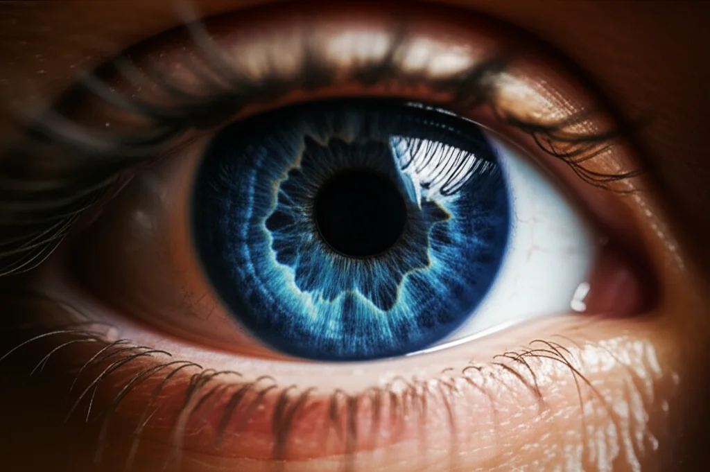 Primo piano fotorealistico di un occhio umano con iride blu, focalizzato sulla retina visibile attraverso la pupilla, obiettivo prime 50mm, profondità di campo, simboleggia la finestra sulla salute sistemica.