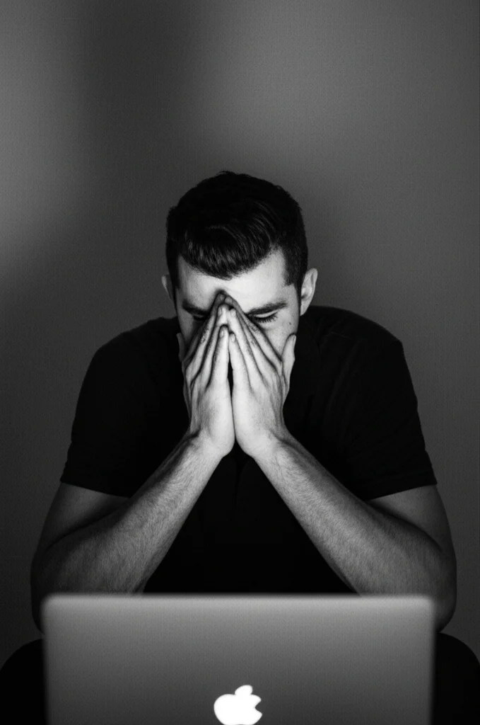 Ritratto di uno studente universitario visibilmente preoccupato, con la testa tra le mani, seduto davanti a un laptop in una stanza poco illuminata, simbolo dell'isolamento e dello stress da quarantena COVID-19. Obiettivo 35mm, bianco e nero con grana fine, stile film noir per accentuare il dramma e l'introspezione.