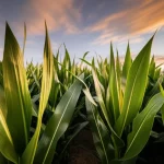 Un campo di mais rigoglioso al tramonto, con alcune piante in primo piano che mostrano foglie sane e verdi, simboleggianti il potenziale del miglioramento genetico e della ricerca agricola. Landscape wide angle, 15mm, long exposure, smooth clouds, per un'immagine evocativa e di ampio respiro sulla ricerca in biotecnologie vegetali.