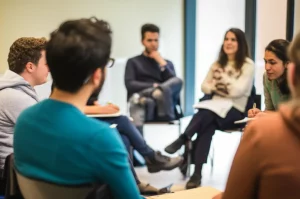 Un'aula di un Recovery College luminosa e accogliente, con persone di età diverse sedute in cerchio che discutono animatamente. Alcuni prendono appunti, altri gesticolano. L'atmosfera è collaborativa e positiva. Obiettivo prime da 35mm, luce naturale che entra da grandi finestre, colori vivaci ma non saturi, profondità di campo media.