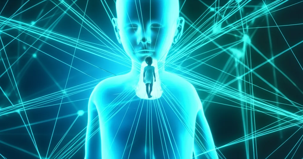 Visualizzazione astratta di reti neurali e dati pediatrici che si interconnettono, con un bambino stilizzato al centro, colori blu e verde duotone, illuminazione controllata, alta definizione, obiettivo macro da 60mm per dettaglio.