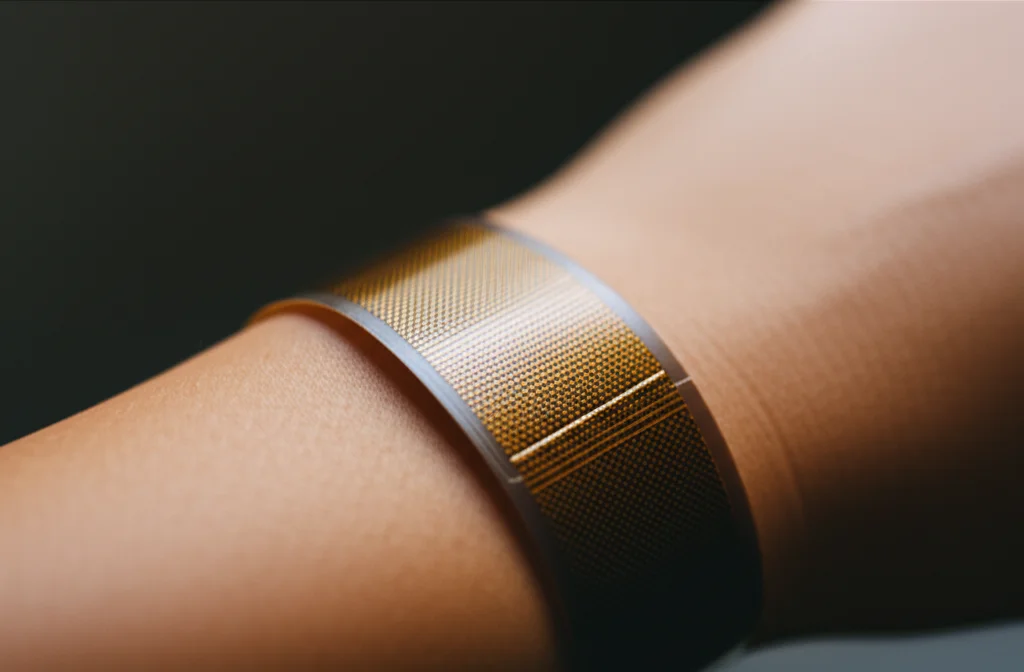 A close-up, 35mm portrait shot of a flexible sensor device gently resting on a person's wrist, showing the textured surface and lightweight design with a shallow depth of field.
