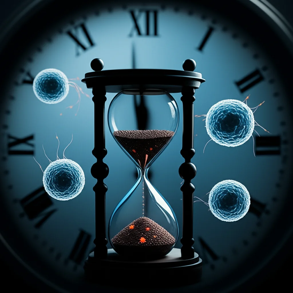 Fotografia concettuale, 35mm prime lens, che illustra il delicato equilibrio tra i benefici della terapia per l'epatite B (simboleggiati da cellule epatiche sane) e il potenziale rischio a lungo termine per il Parkinson (simboleggiato da neuroni stilizzati), con un elemento temporale come un orologio o una clessidra, stile film noir con toni blu e grigi, profondità di campo.