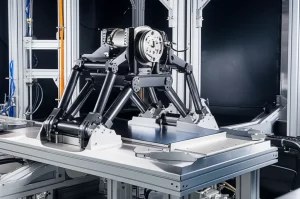 Fotografia realistica di una piattaforma Gough-Stewart industriale in azione, che manipola con precisione un carico dall'aspetto pesante e indefinito. Obiettivo macro 85mm, illuminazione controllata da studio, alta definizione dei dettagli meccanici e delle texture metalliche, profondità di campo ridotta per focalizzare sul meccanismo.