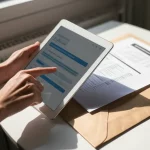 Immagine concettuale che mostra una mano che sceglie tra un tablet con un questionario digitale e una busta fisica contenente un questionario cartaceo, simboleggiando la scelta della modalità di somministrazione del sondaggio. Luce naturale da finestra, obiettivo 35mm, profondità di campo per mettere a fuoco entrambe le opzioni.