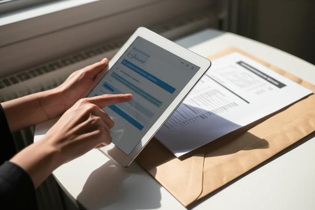 Immagine concettuale che mostra una mano che sceglie tra un tablet con un questionario digitale e una busta fisica contenente un questionario cartaceo, simboleggiando la scelta della modalità di somministrazione del sondaggio. Luce naturale da finestra, obiettivo 35mm, profondità di campo per mettere a fuoco entrambe le opzioni.