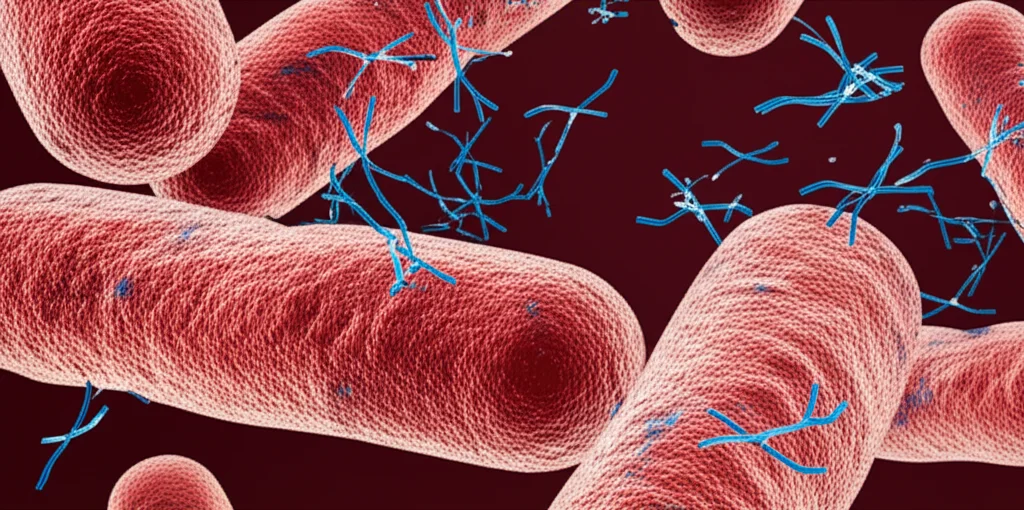 Immagine concettuale di batteri Salmonella con un inibitore di biofilm (molecole stilizzate) che ne impedisce l'aggregazione e la formazione della matrice protettiva. Macro lens, 100mm, high detail, precise focusing, controlled lighting, a rappresentare la ricerca scientifica sull'inibizione dei biofilm batterici e l'impatto sull'evoluzione.