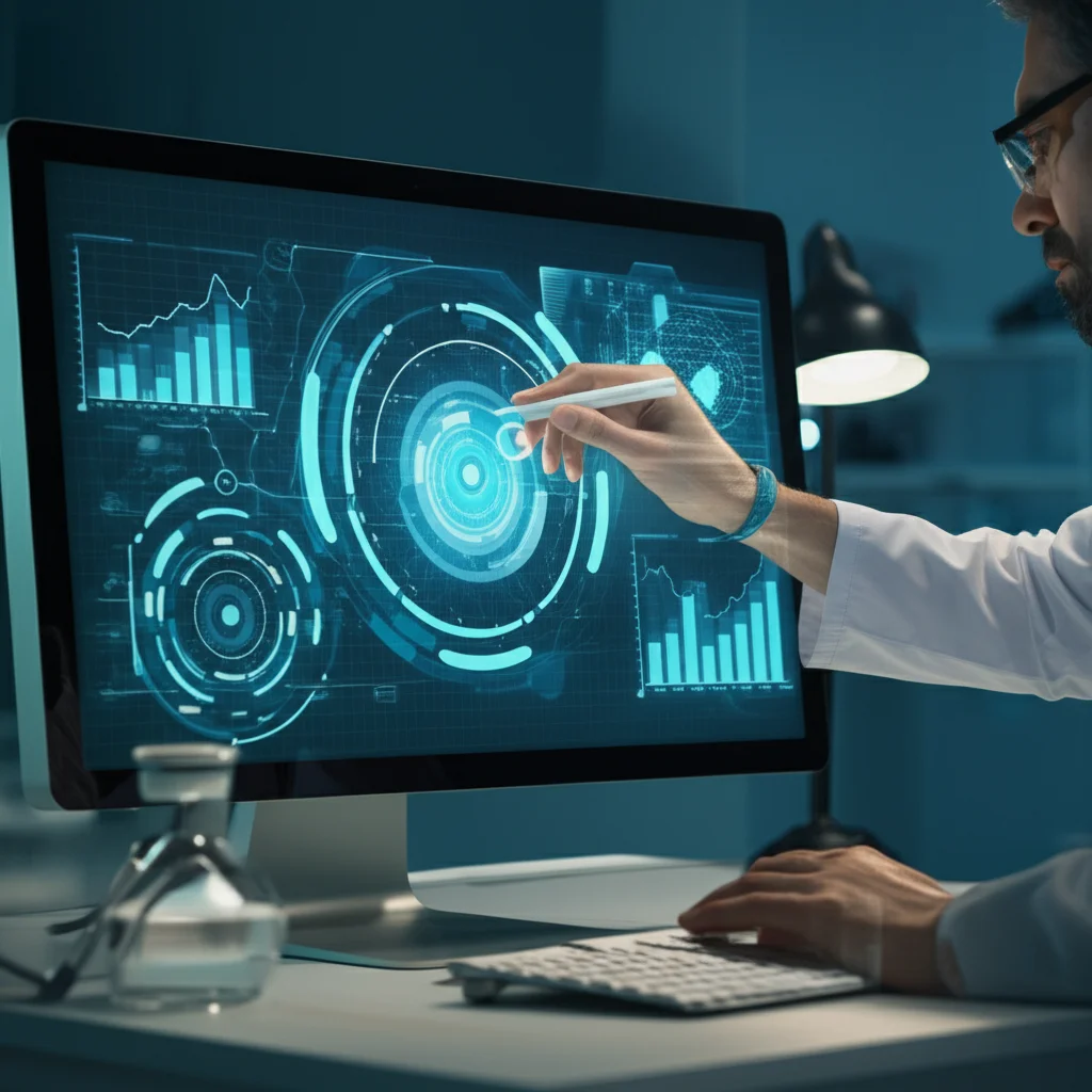 Un ricercatore medico osserva con stupore un'interfaccia digitale futuristica che mostra grafici e dati analizzati da un LLM, simboleggiando l'efficienza nelle revisioni sistematiche. Luce soffusa da monitor, ambiente di laboratorio high-tech, prime lens, 35mm, profondità di campo.