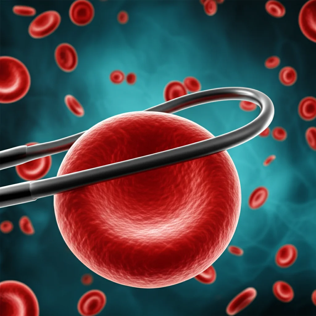 Un'immagine concettuale che mostra globuli rossi falciformi accanto a un laccio emostatico chirurgico, simboleggiando il rischio in pazienti con tratto falciforme. Macro lens, 100mm, illuminazione drammatica per enfatizzare il pericolo, alto dettaglio delle cellule.