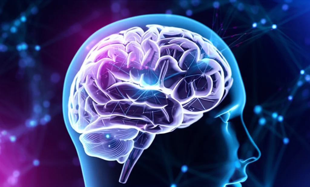 Visualizzazione astratta di una rete neurale complessa e luminosa che si interseca con l'immagine stilizzata di un cervello umano, simboleggiando l'applicazione dell'intelligenza artificiale all'analisi neurologica. Obiettivo prime da 50mm, profondità di campo, illuminazione drammatica con toni blu e viola per un effetto futuristico e high-tech.