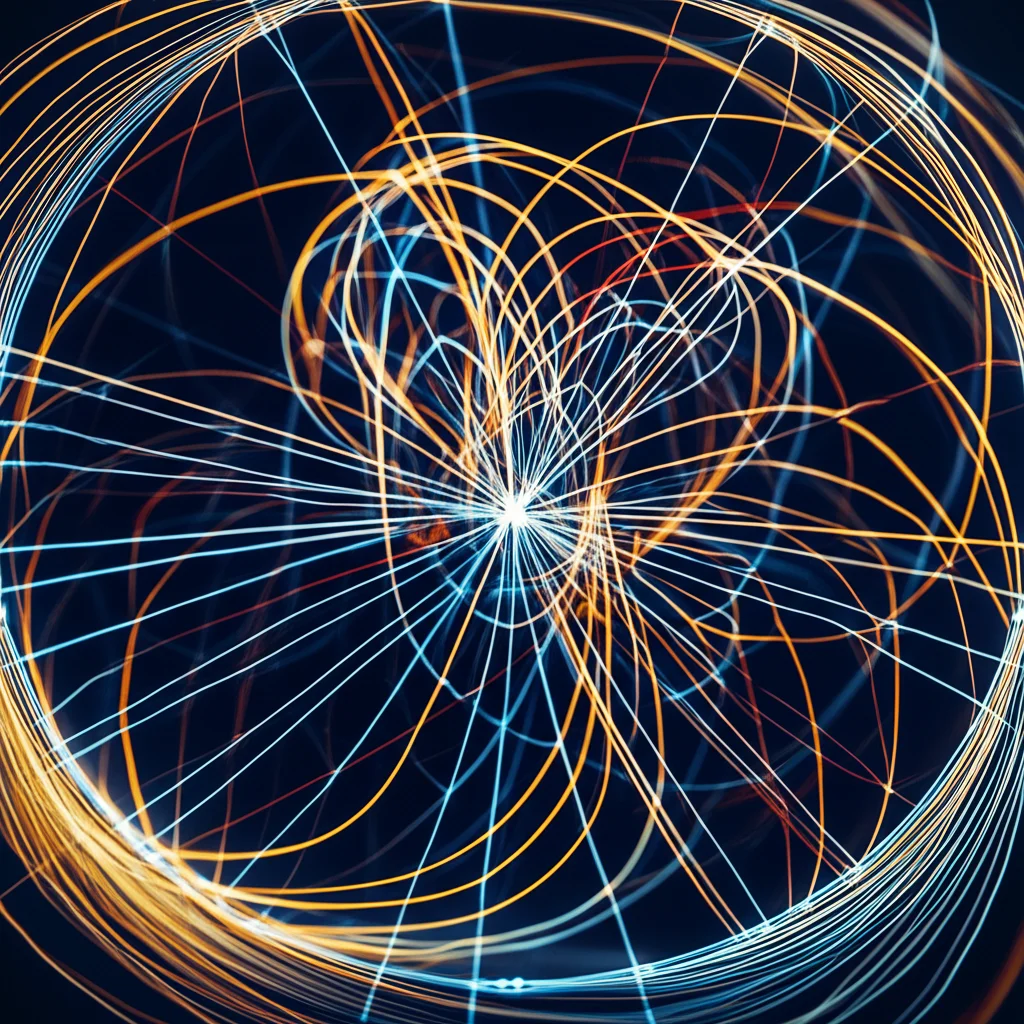 Visualizzazione matematica astratta delle formule di quadratura di Szegő sul cerchio unitario, con nodi (punti luminosi) e pesi (intensità luminosa) evidenziati, connessa tramite linee curve stilizzate a una rappresentazione dell'intervallo [-1,1] dove si applicano le trasformazioni di Christoffel, illuminazione da studio precisa, lente prime 35mm, profondità di campo, colori blu e oro duotone.