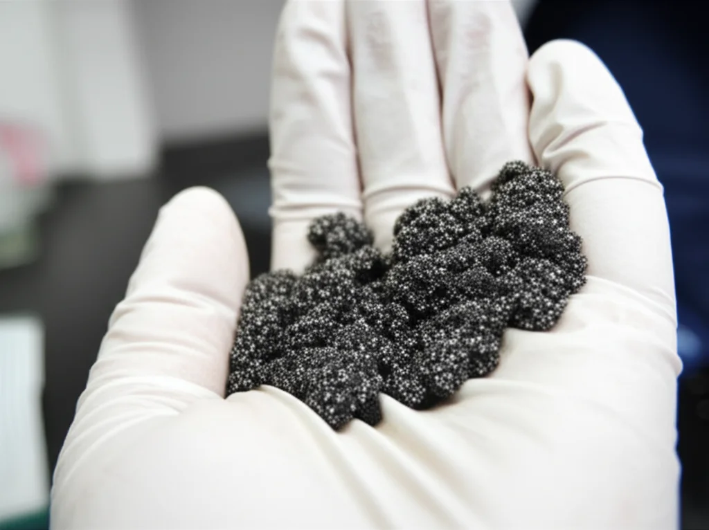 Foto macro, obiettivo 100mm, di una mano guantata che tiene un campione di terra scura da cui emergono minuscole particelle magnetiche scintillanti (nanoparticelle Fe3O4/SiO2 modificate). Illuminazione da laboratorio brillante e controllata, alta definizione, messa a fuoco precisa sulle particelle e sulla texture del suolo.